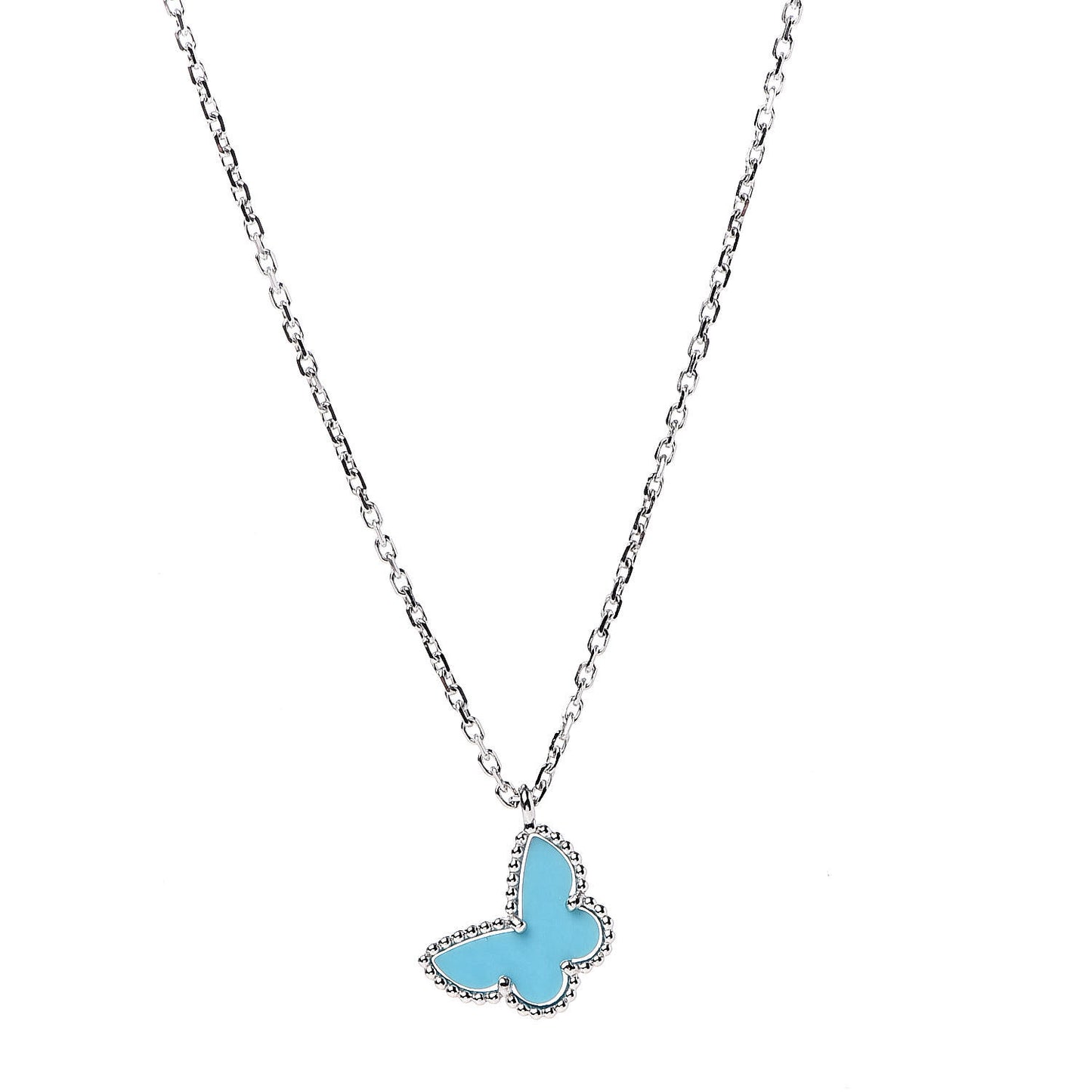 18K White Gold Turquoise Sweet Alhambra Butterfly Pendant Necklace