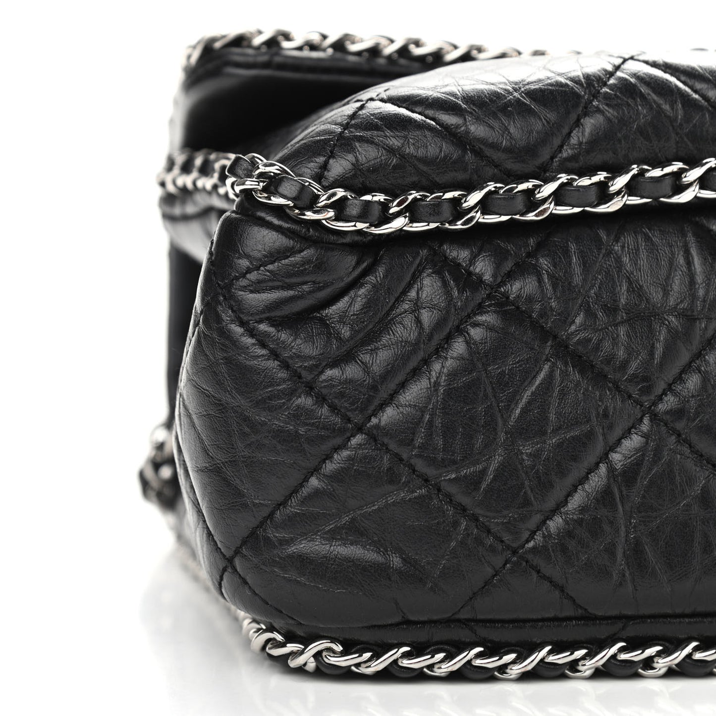 Crumpled Calfskin Medium Chain All Over Flap Black