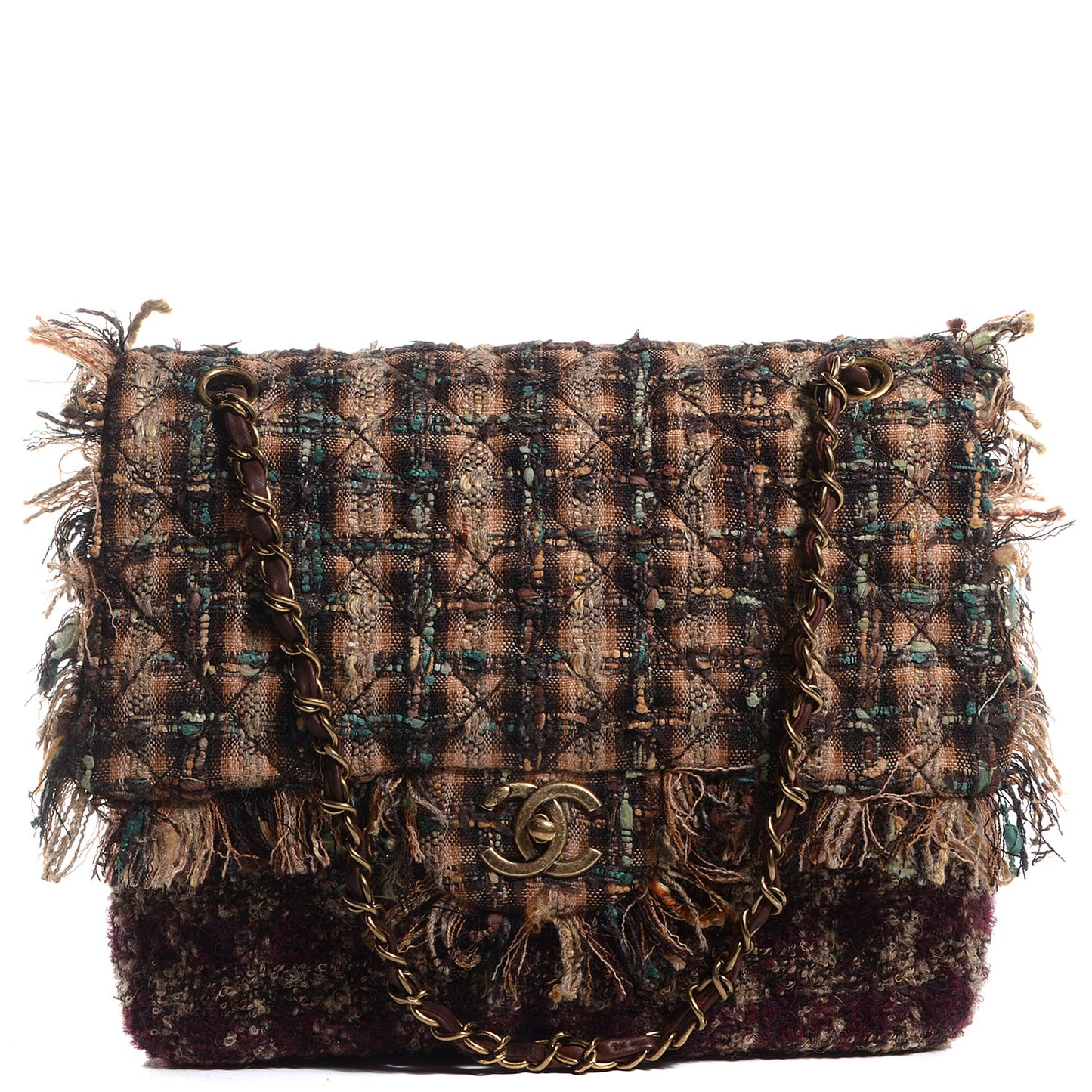 Tweed Quilted Paris Edinburgh Tartan Fringe Flap Burgundy