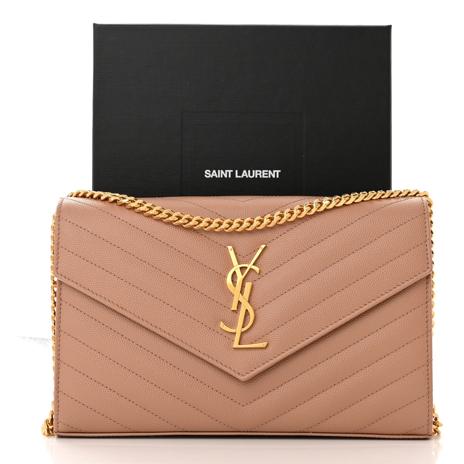Saint Laurent Grain De Poudre Matelasse Chevron Monogram Chain Wallet Vintage Peach 11 of 11