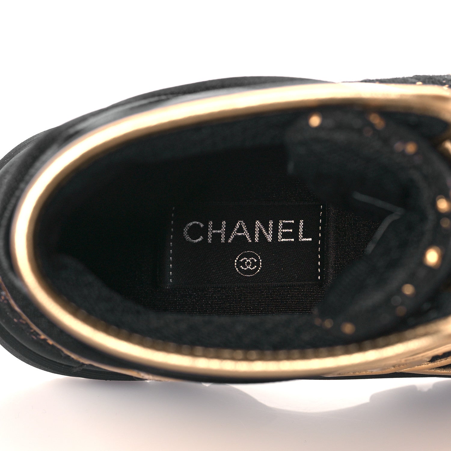 Chanel Satin Lambskin Fabric Tweed CC High Top Sneakers 37.5 Black Gold 8 of 10