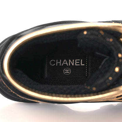 Chanel Satin Lambskin Fabric Tweed CC High Top Sneakers 37.5 Black Gold 8 of 10