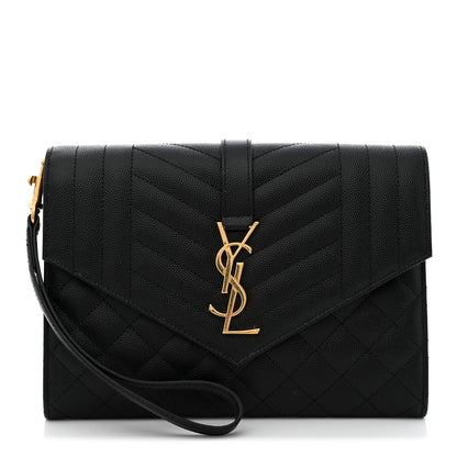 Saint Laurent Grain De Poudre Textured Mixed Matelasse Triquilt Monogram Clutch Black 1 of 8