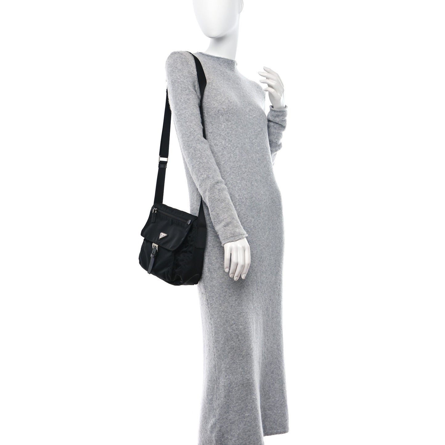 Re-Nylon Vela Saffiano Pocket Single Buckle Messenger Shoulder Bag Black