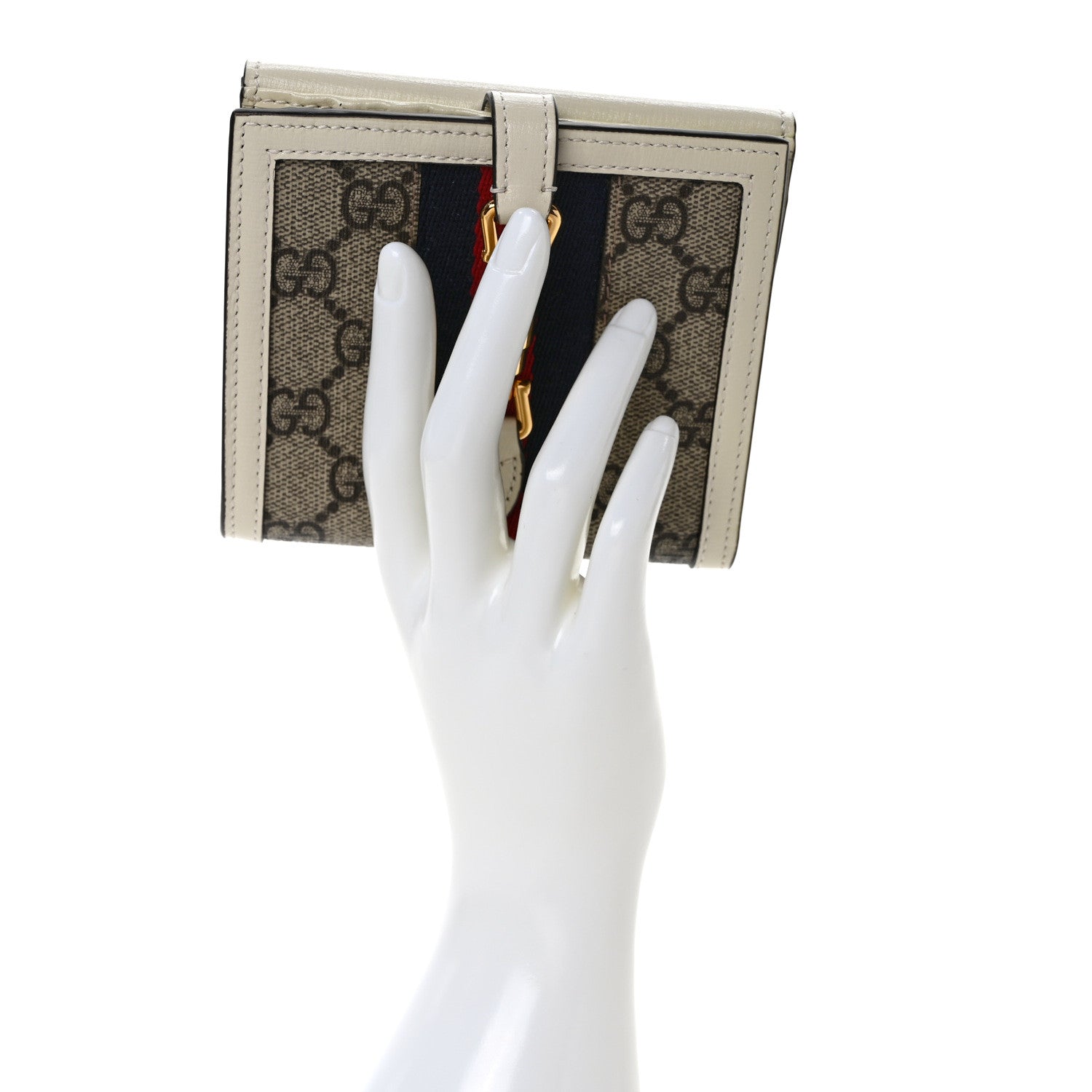 Gucci GG Supreme Monogram Textured Calfskin Web Jackie 1961 French Flap Wallet Beige Ebony Mystic White 2 of 8