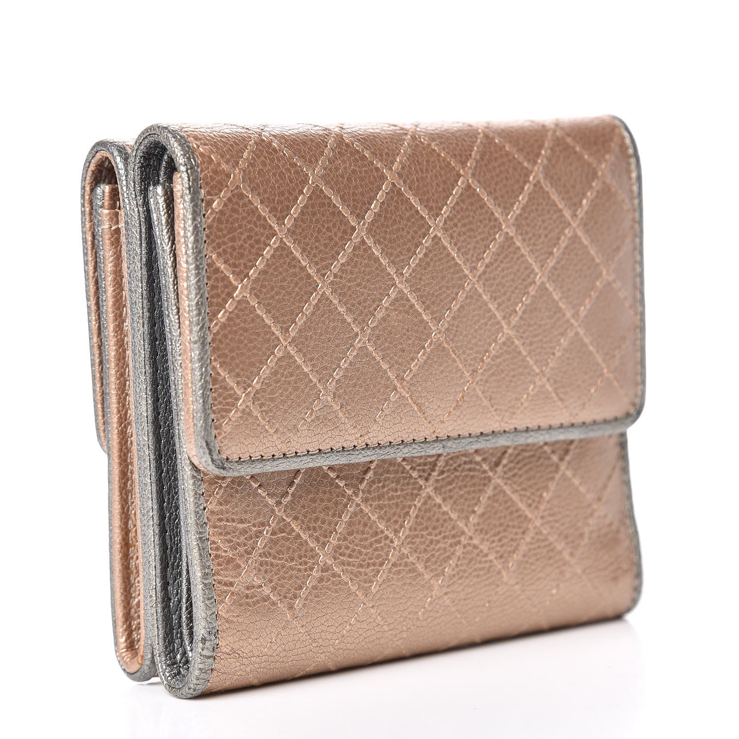 Chanel Metallic Calfskin Diamond Stitched Card Holder Wallet Gold Silver 3 of 19