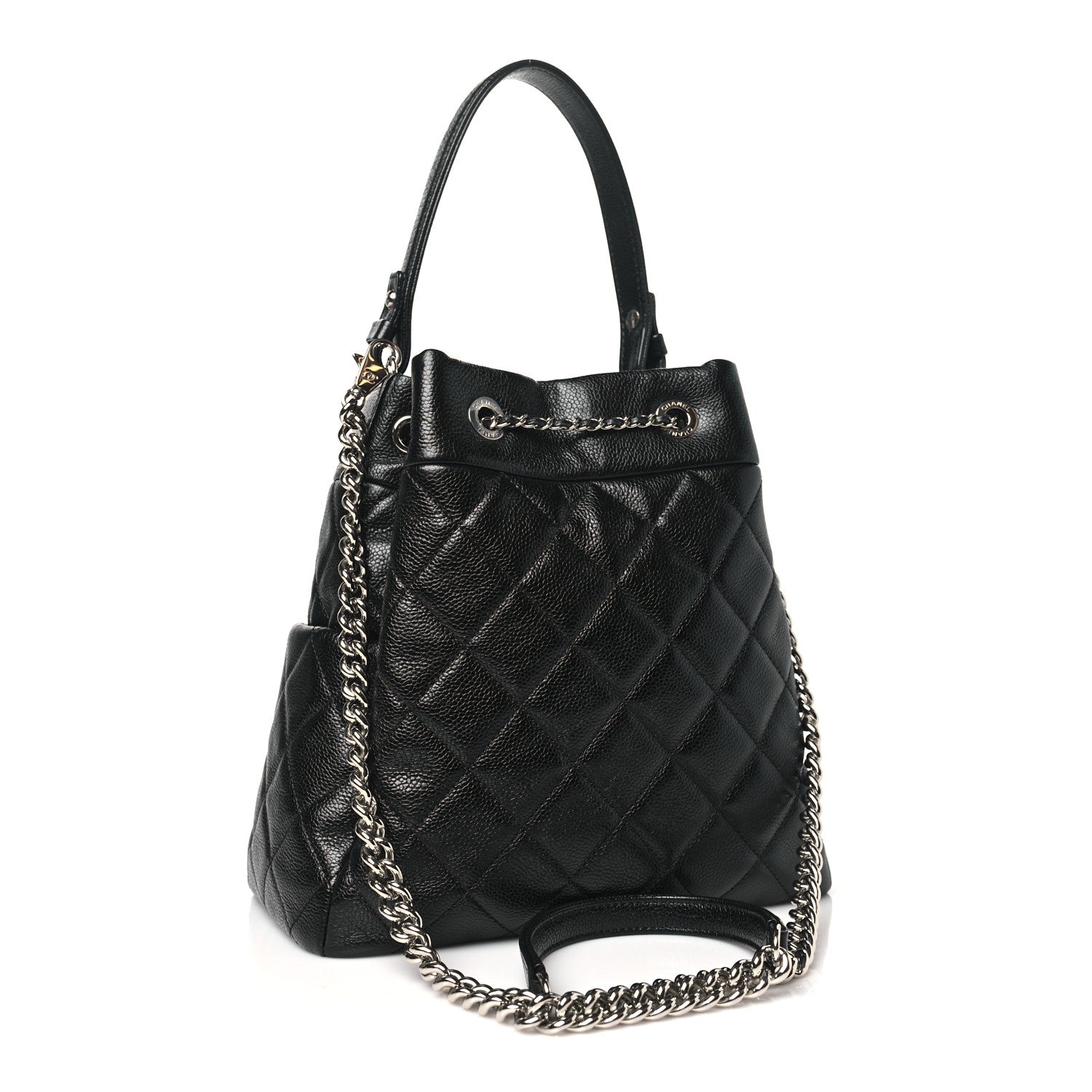 Chanel Caviar Flat Quilted CC Chain Bucket Drawstring Bag Black 3 of 10