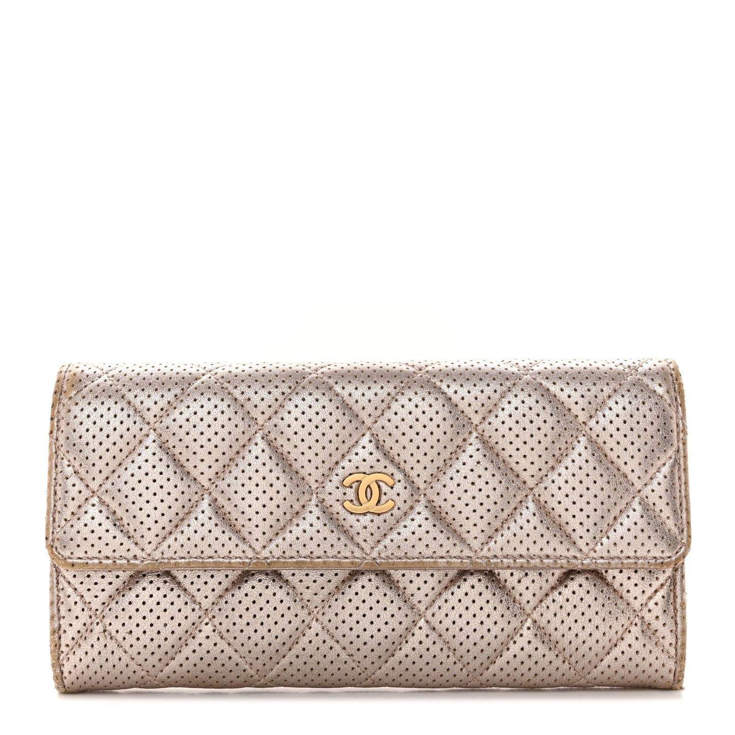 Metallic Perforated Lambskin Quilted Large Gusset Flap Wallet Light Pink