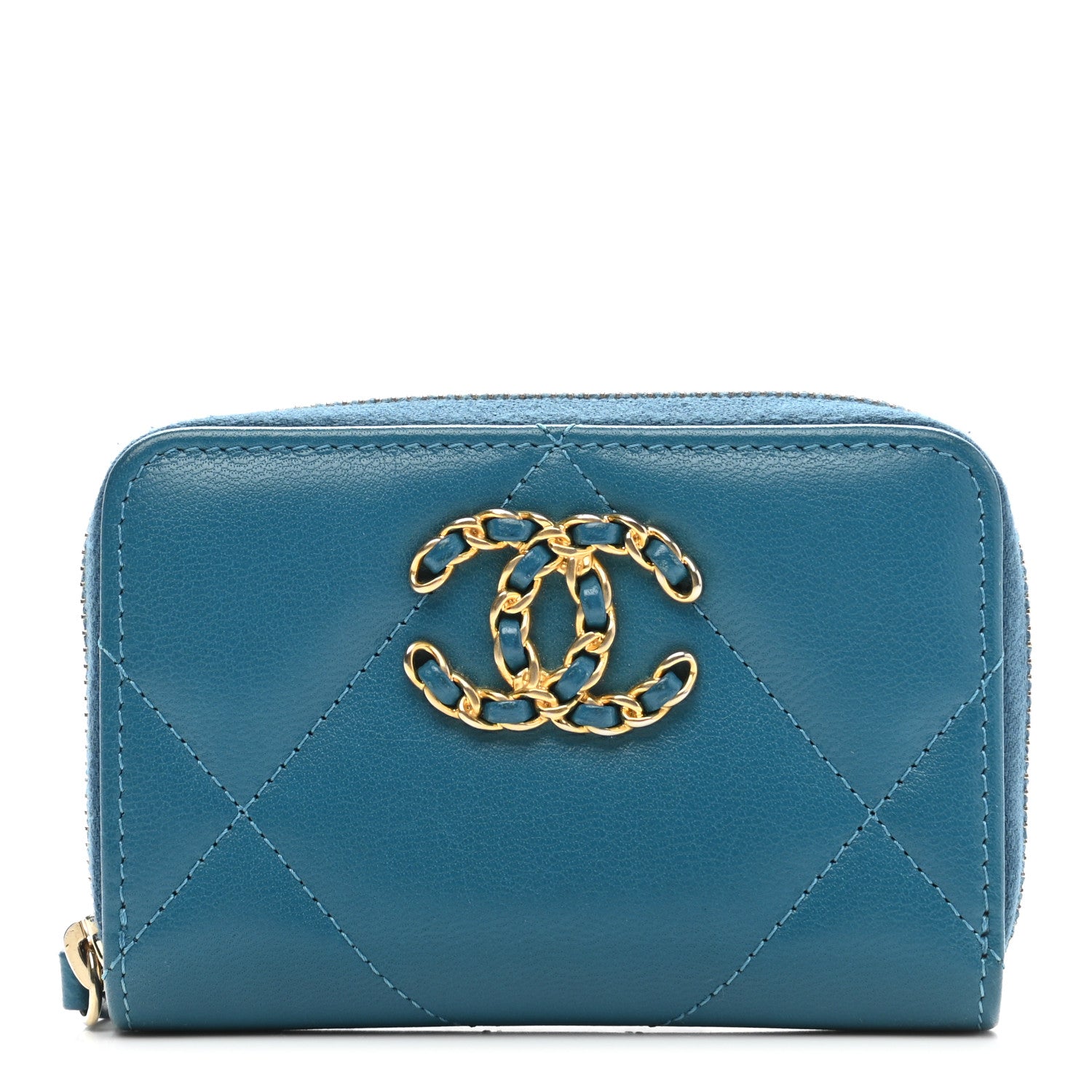Chanel Goatskin Quilted Chanel 19 Zip Around Coin Purse Wallet Turquoise 1 of 9
