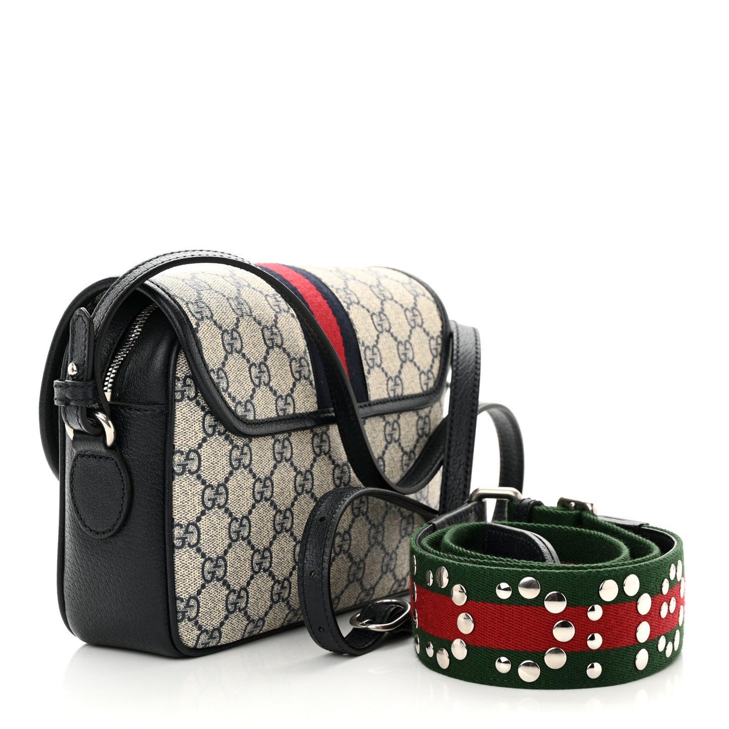GG Supreme Monogram Textured Dollar Calfskin Web Studded Mini Ophidia Flap Shoulder Bag Beige Blue