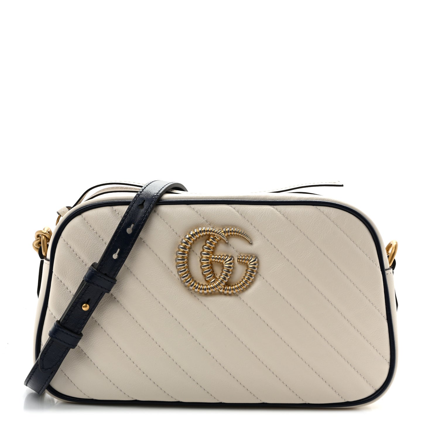 Vintage Effect Calfskin Matelasse Diagonal Small Torchon GG Marmont Chain Shoulder Bag Mystic White Blue Agata