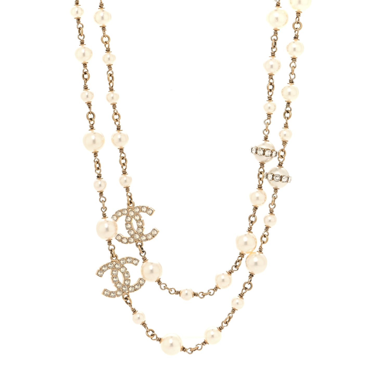 Crystal Pearl CC Long Necklace Silver