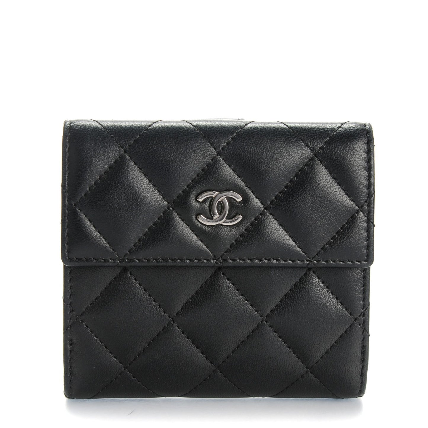 Lambskin Quilted Compact French Flap Wallet Black