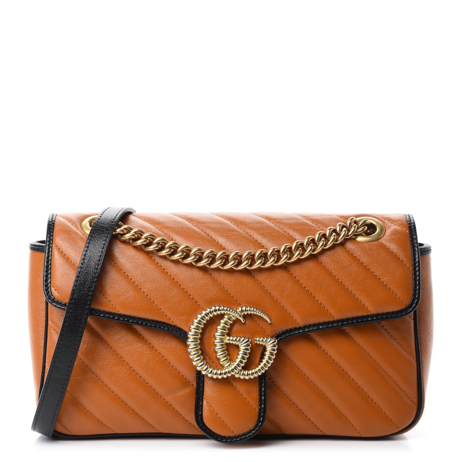 Gucci Vintage Effect Calfskin Matelasse Diagonal Small Torchon GG Marmont Shoulder Bag Cognac Black 1 of 11
