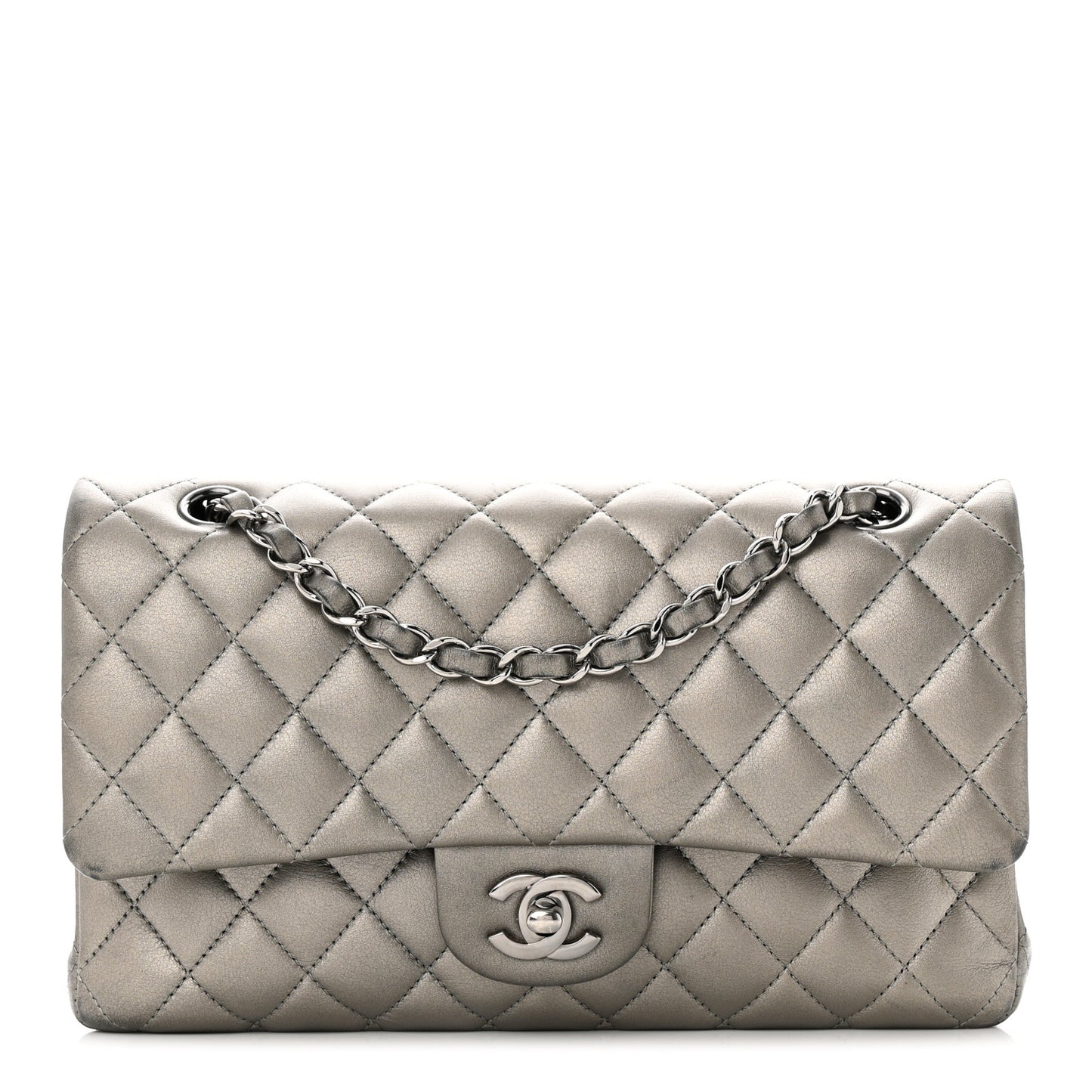 Metallic Calfskin Quilted Medium Double Flap Ruthenium