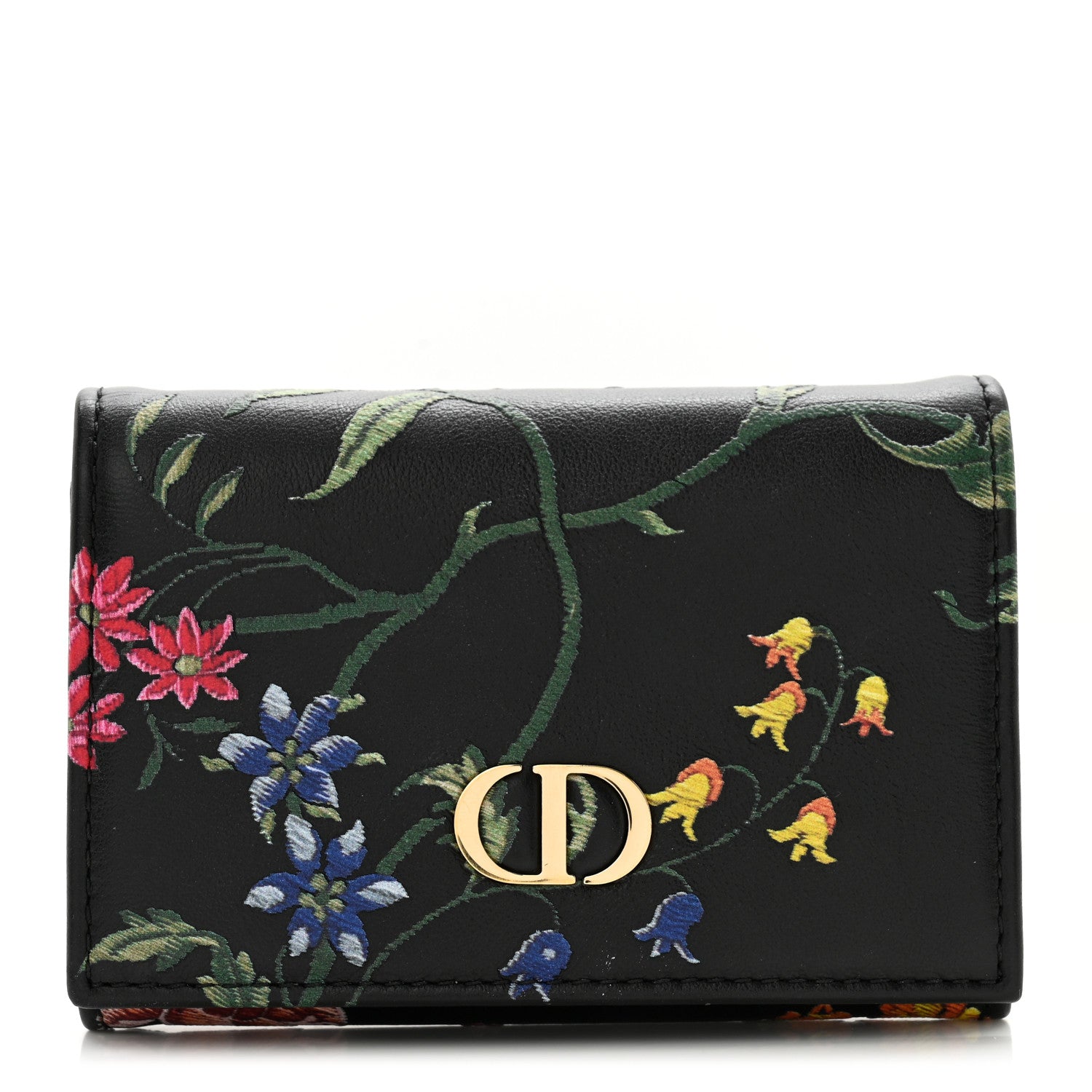Christian Dior Calfskin Petites Fleurs Print Caro XS Wallet Black Multicolor 1 of 10