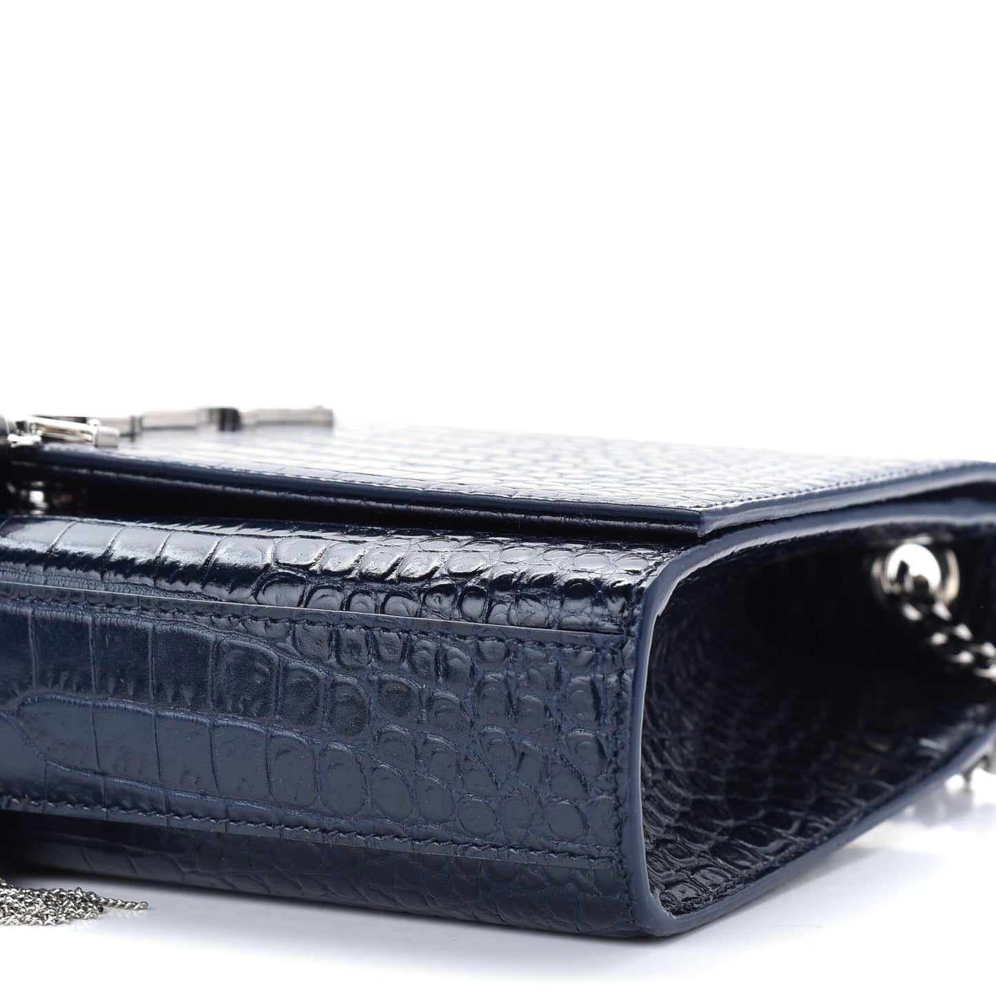 Calfskin Crocodile Embossed Medium Classic Monogram Kate Tassel Satchel Deep Marine