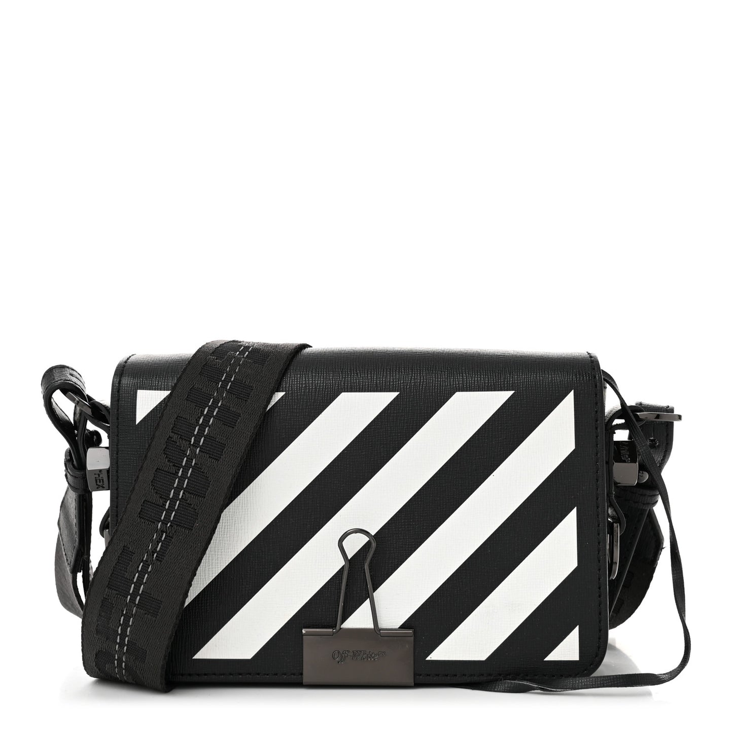 Saffiano Striped Mini Diag Binder Clip Bag Black White