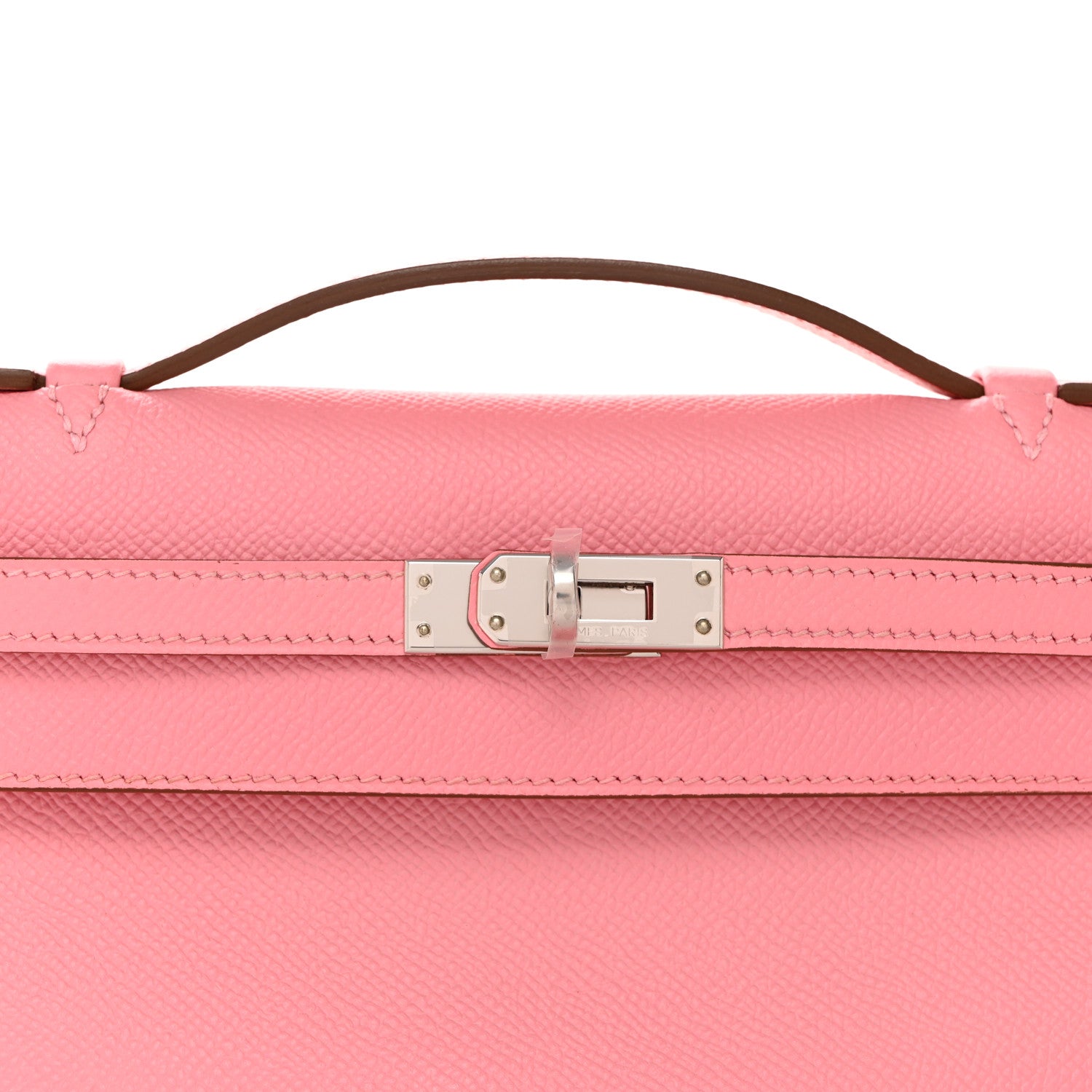 close up image of HERMES Epsom Kelly Pochette Clutch in the color Rose Confetti by FASHIONPHILE