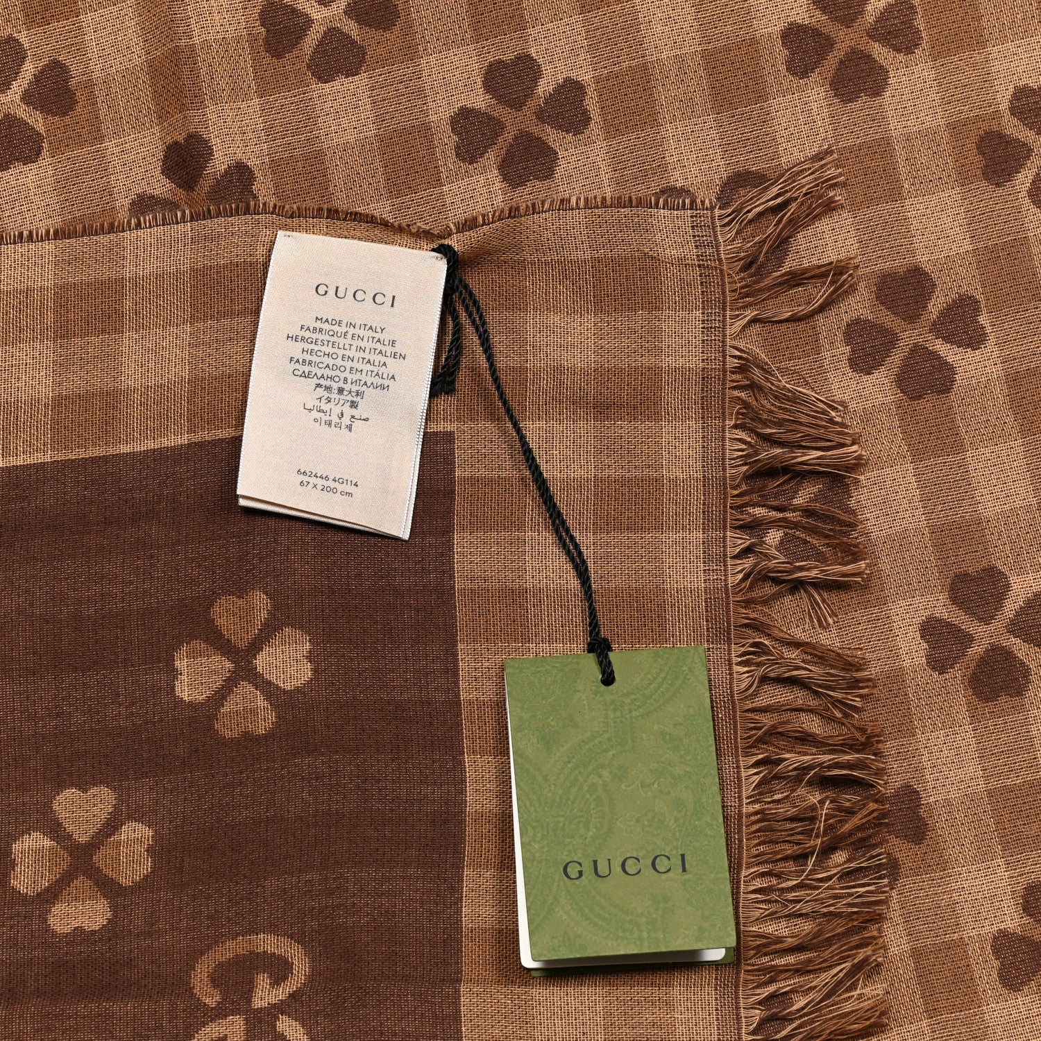 Gucci Cotton Woven Long Lucky Fringe Scarf Camel Light Brown 4 of 5