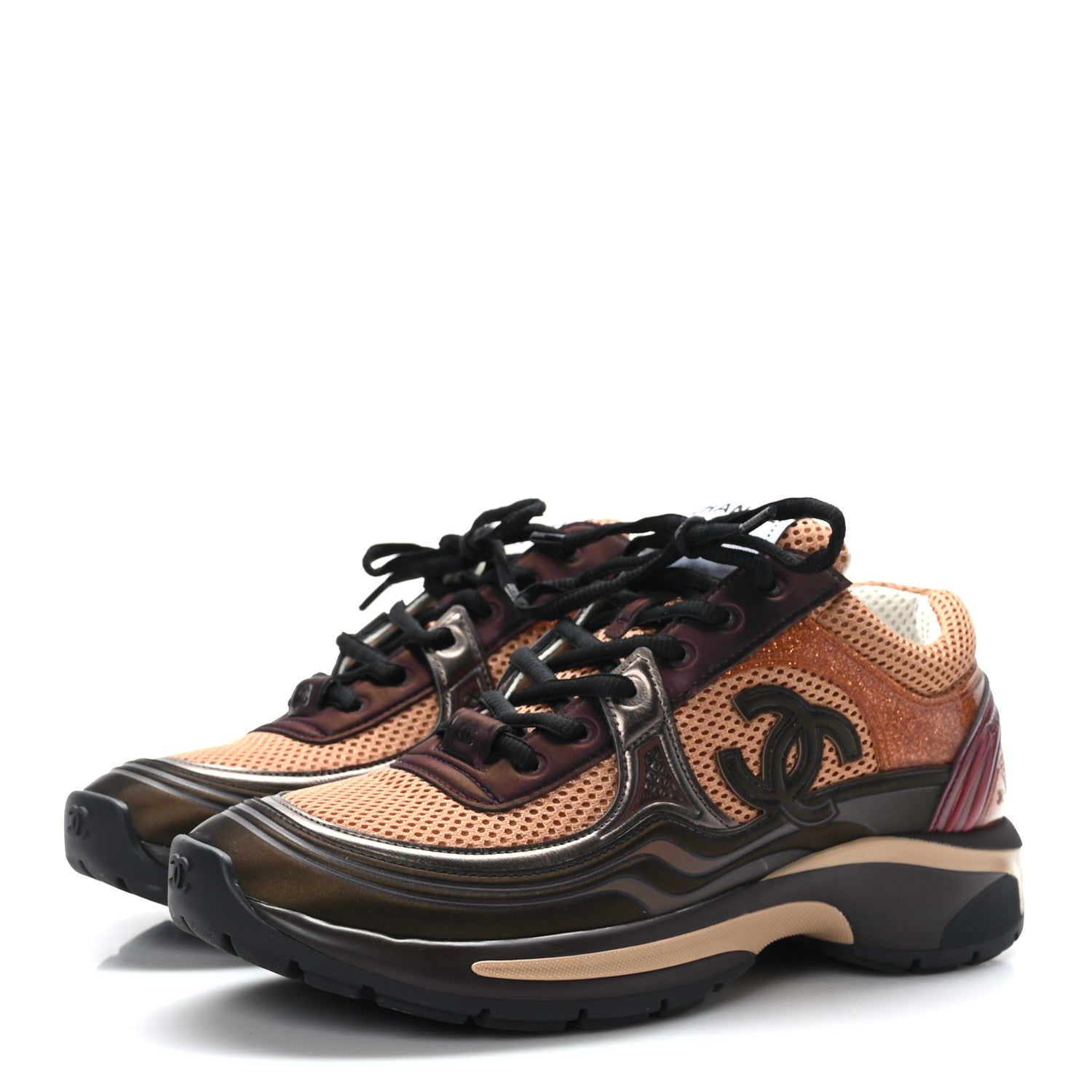 CHANEL レディース　38 Chanel Fabric Laminated Calfskin Stretch CC Womens Sneakers 38