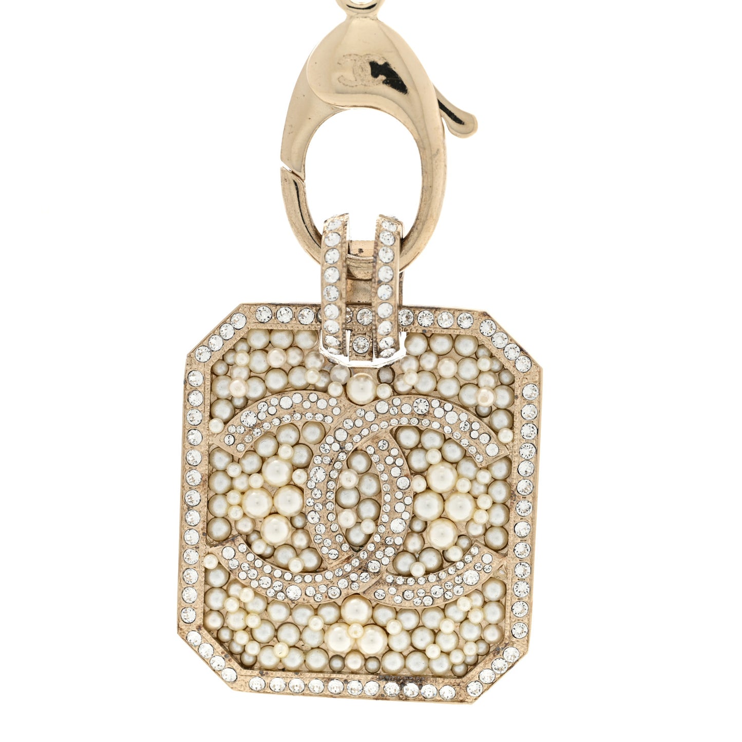 Pearl Crystal CC Pendant Lanyard Necklace Gold