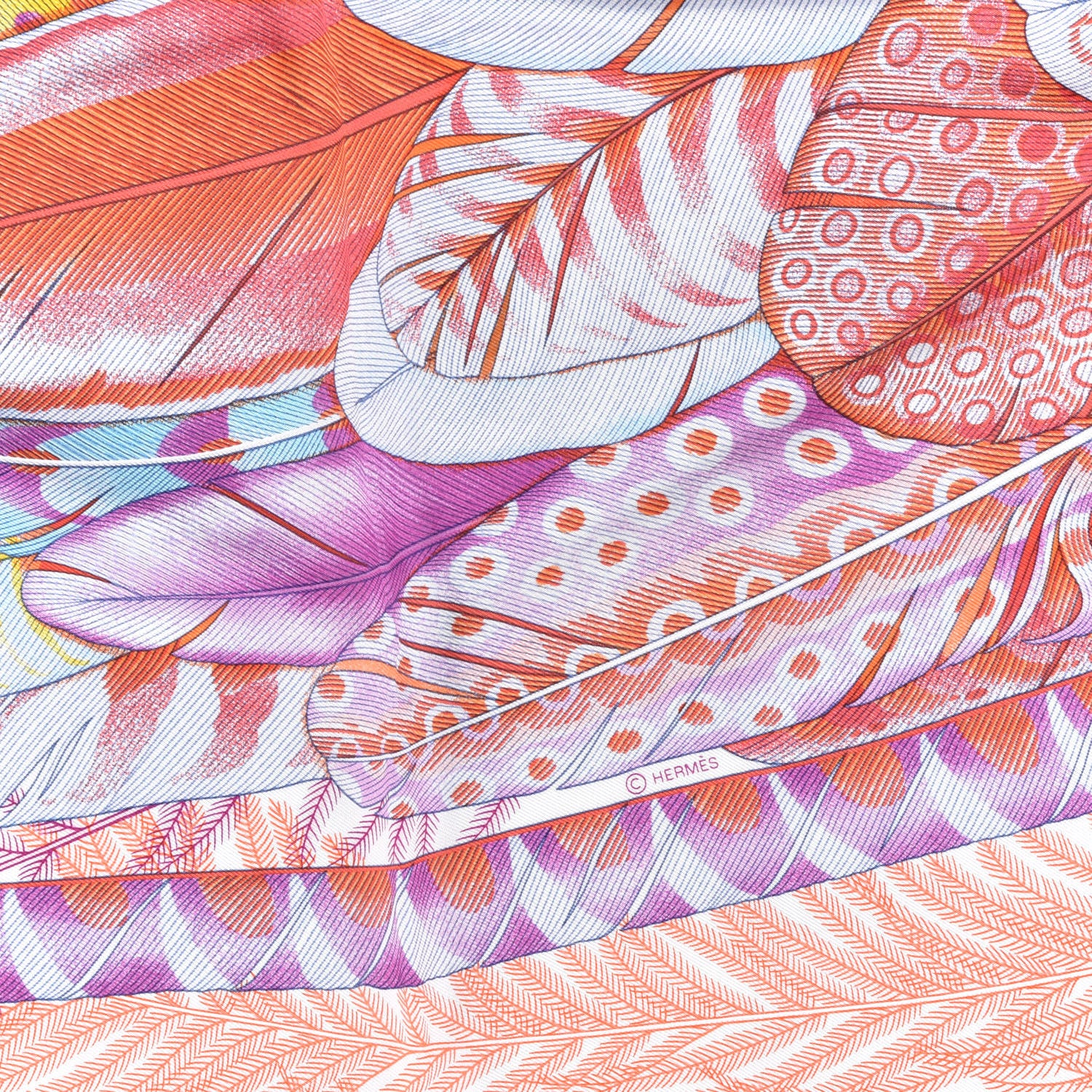 Hermes Silk Plumes En Fete Scarf 90 White Corail Parme 5 of 5
