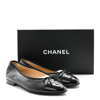 Chanel Lambskin Patent Cap Toe Ballerina Flats 37 Black 10 of 10