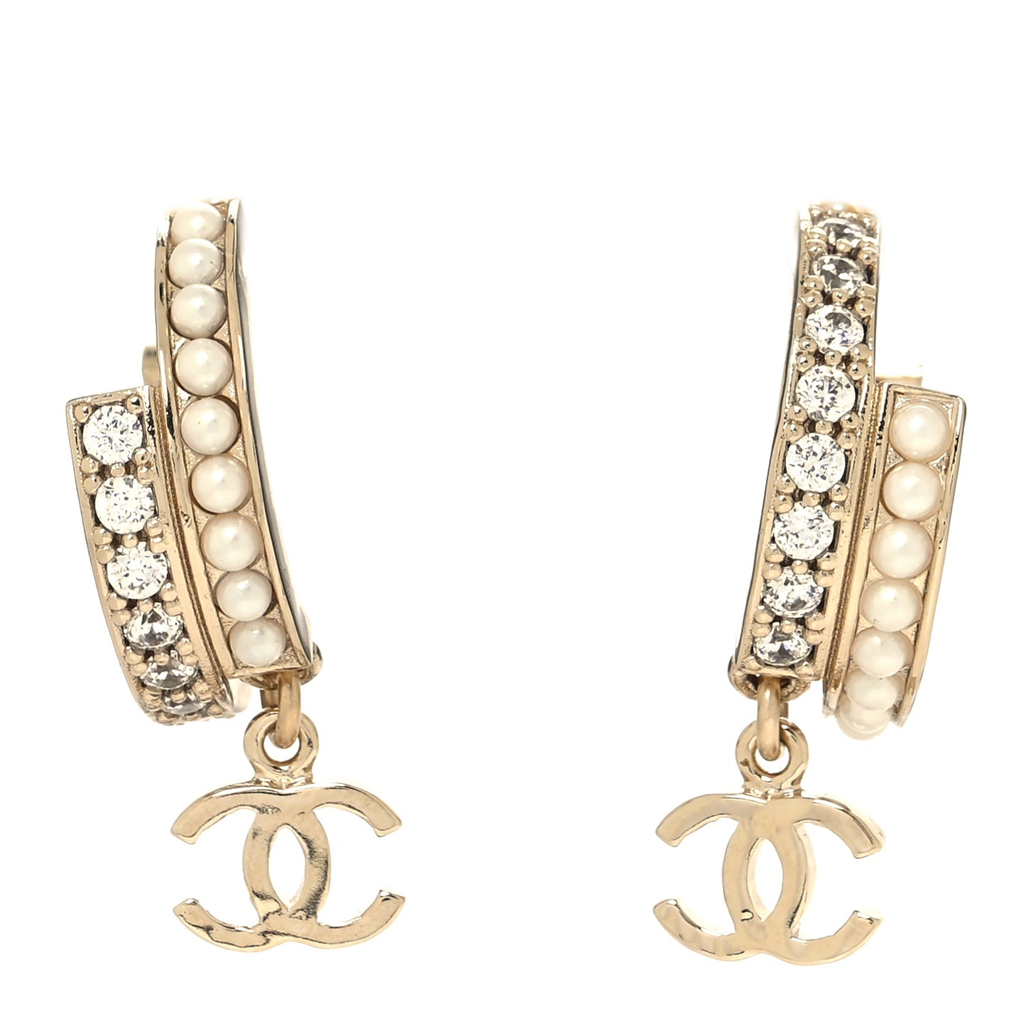 Crystal Pearl Logo Hoop CC Earrings Gold