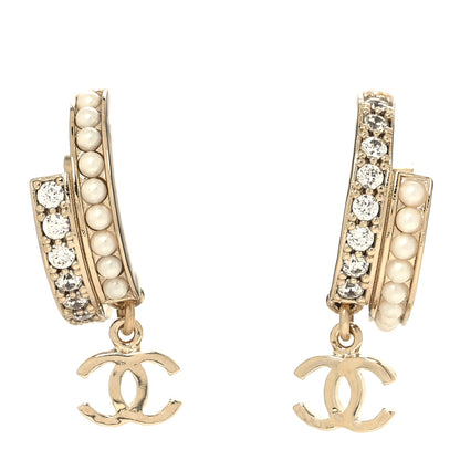 Chanel Crystal Pearl Logo Hoop CC Earrings Gold 1 of 4