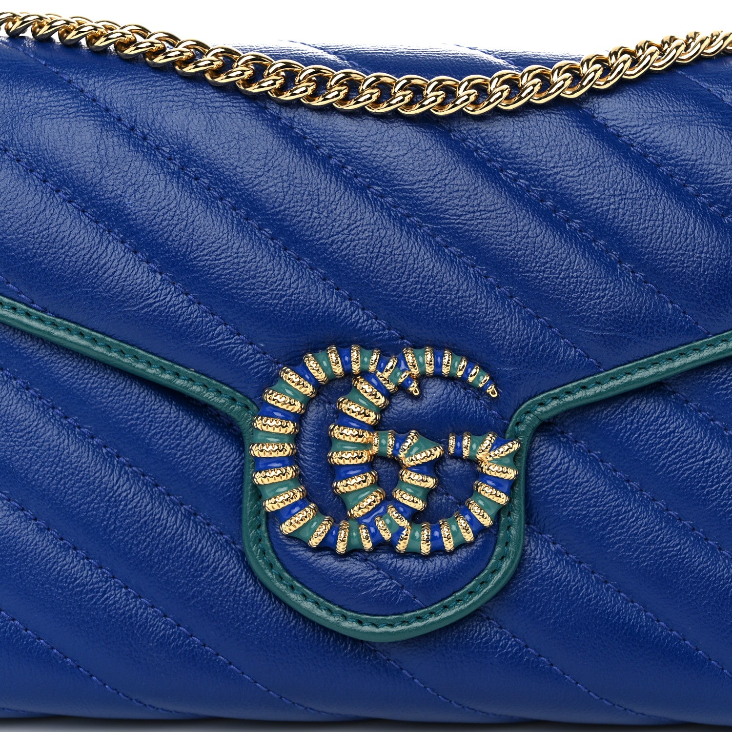Gucci Azalea Calfskin Enamel Matelasse Diagonal Torchon GG Marmont Chain Wallet Imperial Blue Pavone 8 of 10