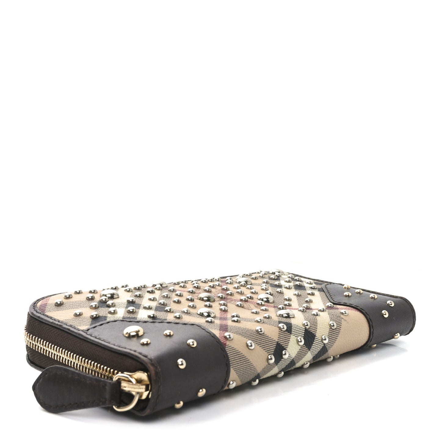 Studded Haymarket Check Large Zip Around Wallet Brown