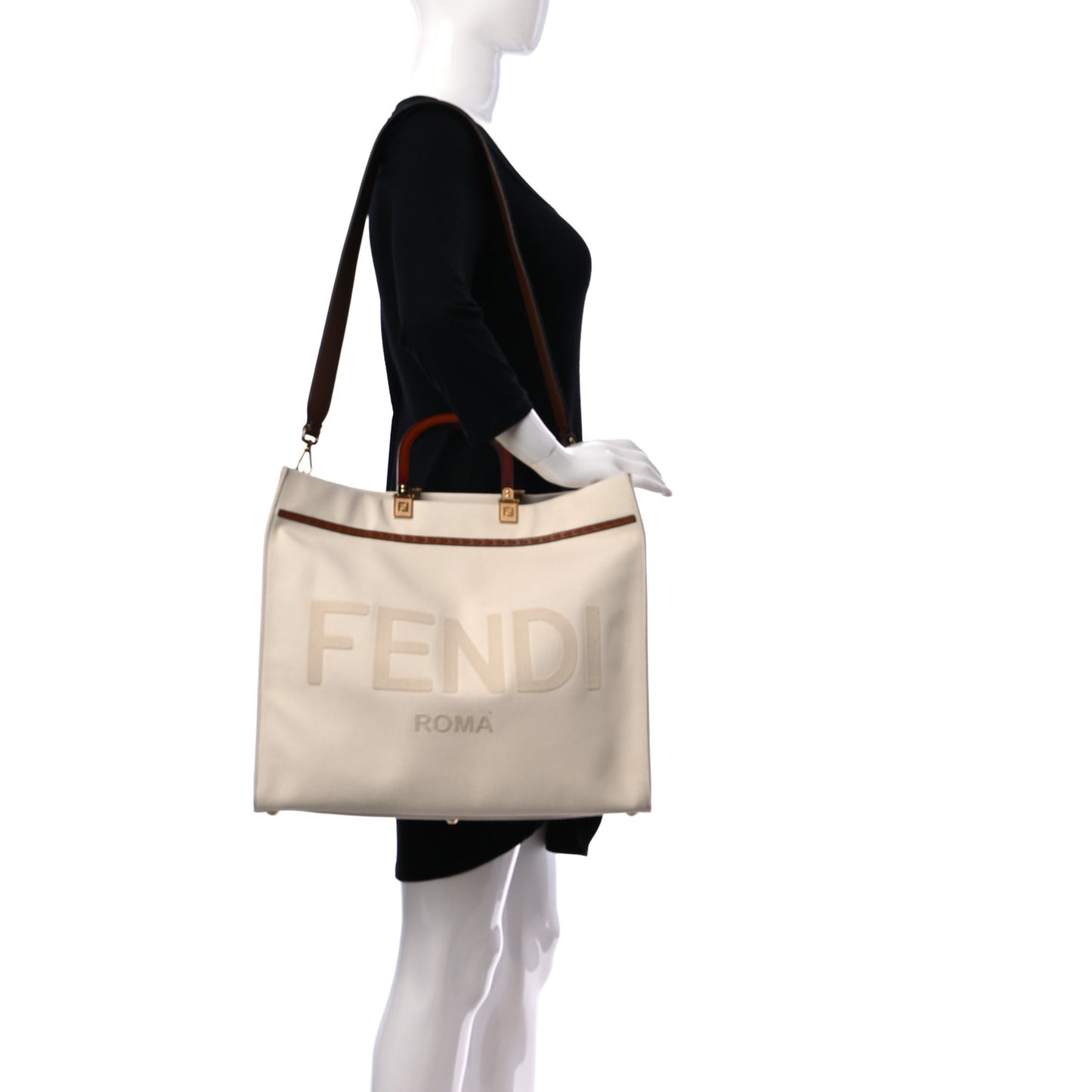 Cotton Canvas Calfskin Large Fendi Sunshine Shopper Tote White