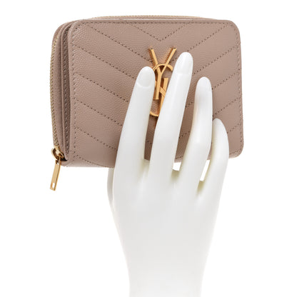 Saint Laurent Grain De Poudre Matelasse Chevron Monogram Compact Zip Around Wallet Dark Latte 2 of 8