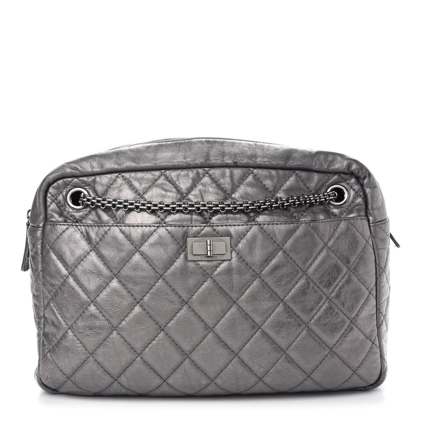 Metallic Aged Calfskin Quilted Large Reissue Camera Case Silver