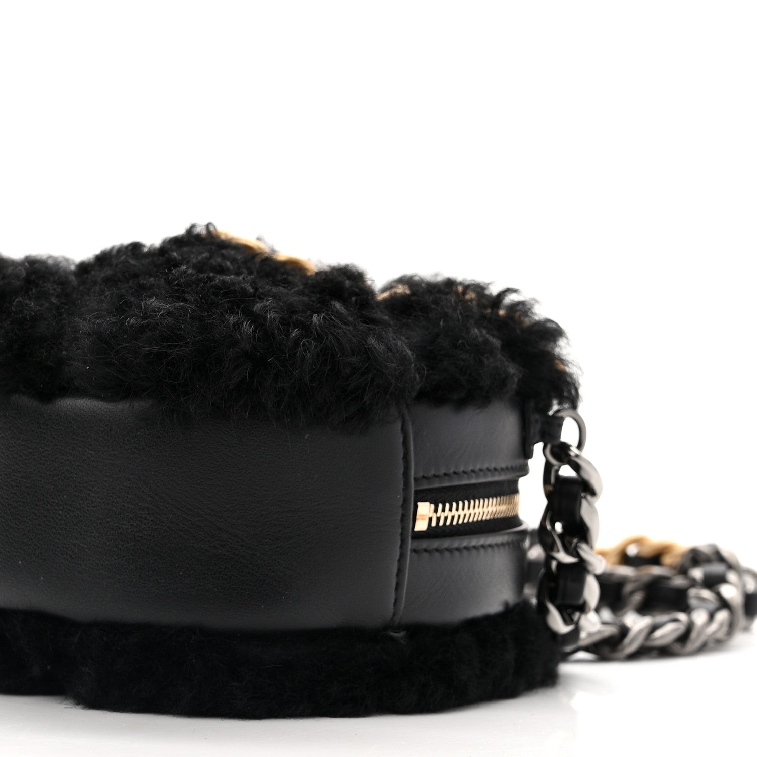 Chanel Shearling Sheepskin Chanel 19 Round Clutch With Chain Black 10 of 10