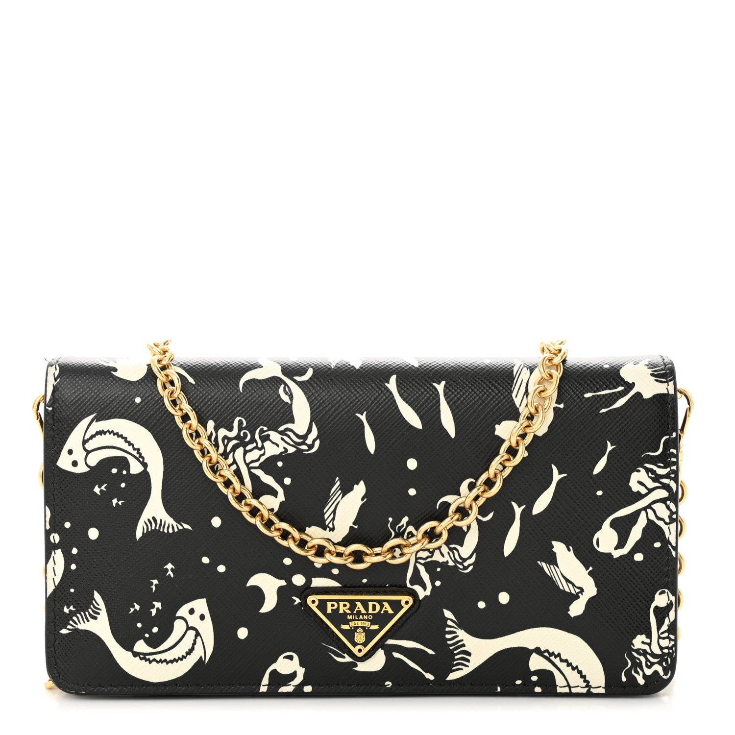 Prada Saffiano Triangle Logo Mermaid Print Mini Crossbody Bag Black 1 of 12