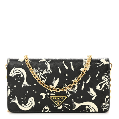Prada Saffiano Triangle Logo Mermaid Print Mini Crossbody Bag Black 1 of 12