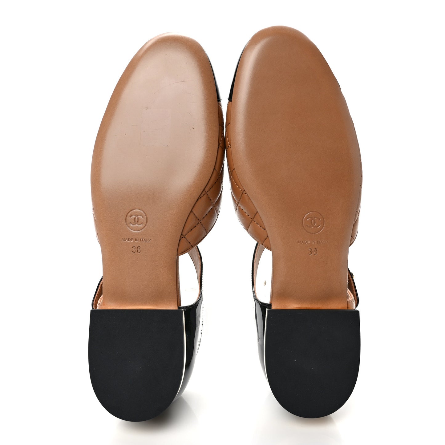 Patent Lambskin Quilted Cap Toe Ballerina Flats 38 Light Brown Black