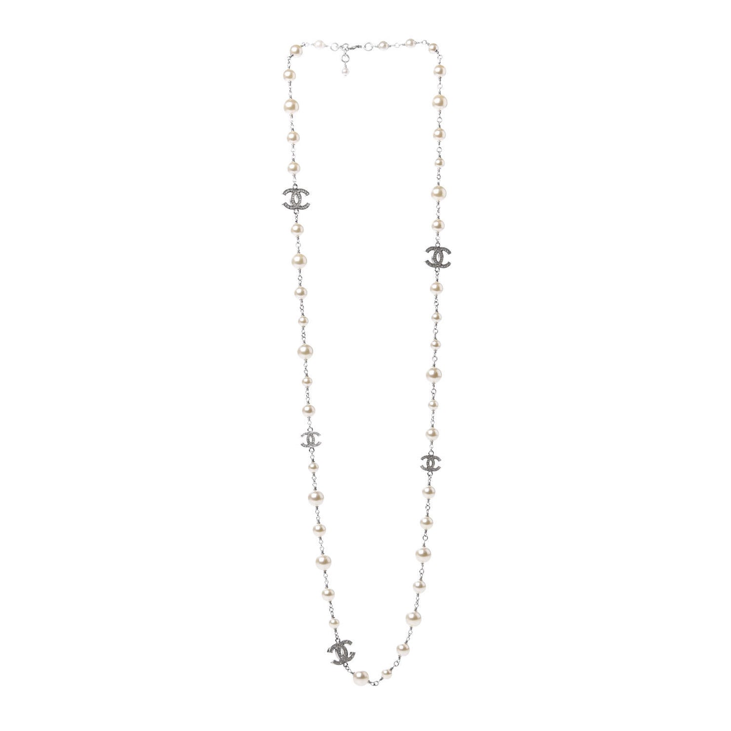 Crystal Pearl CC Long Necklace Silver