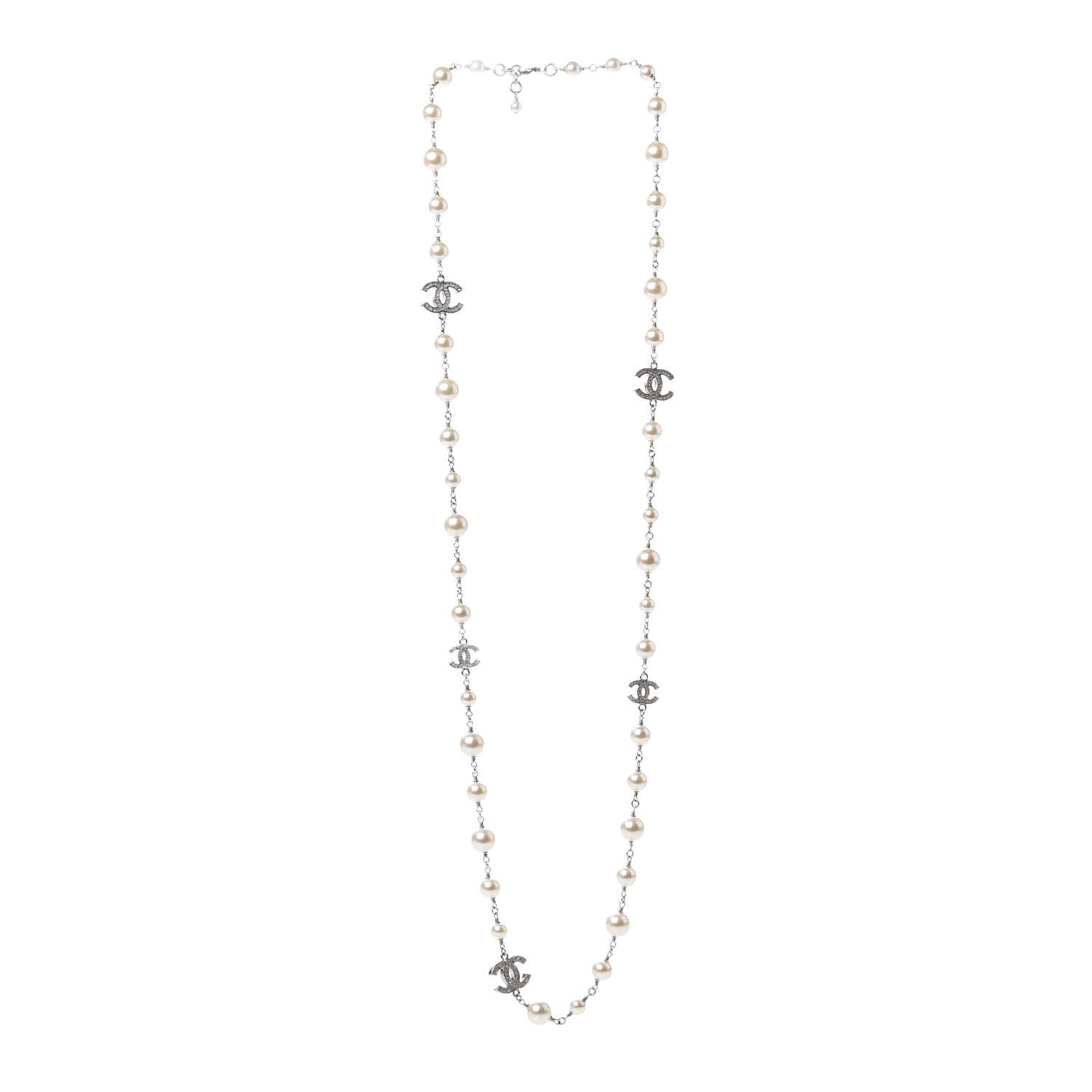Chanel Crystal Pearl CC Long Necklace Silver 3 of 7