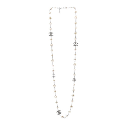 Chanel Crystal Pearl CC Long Necklace Silver 3 of 7
