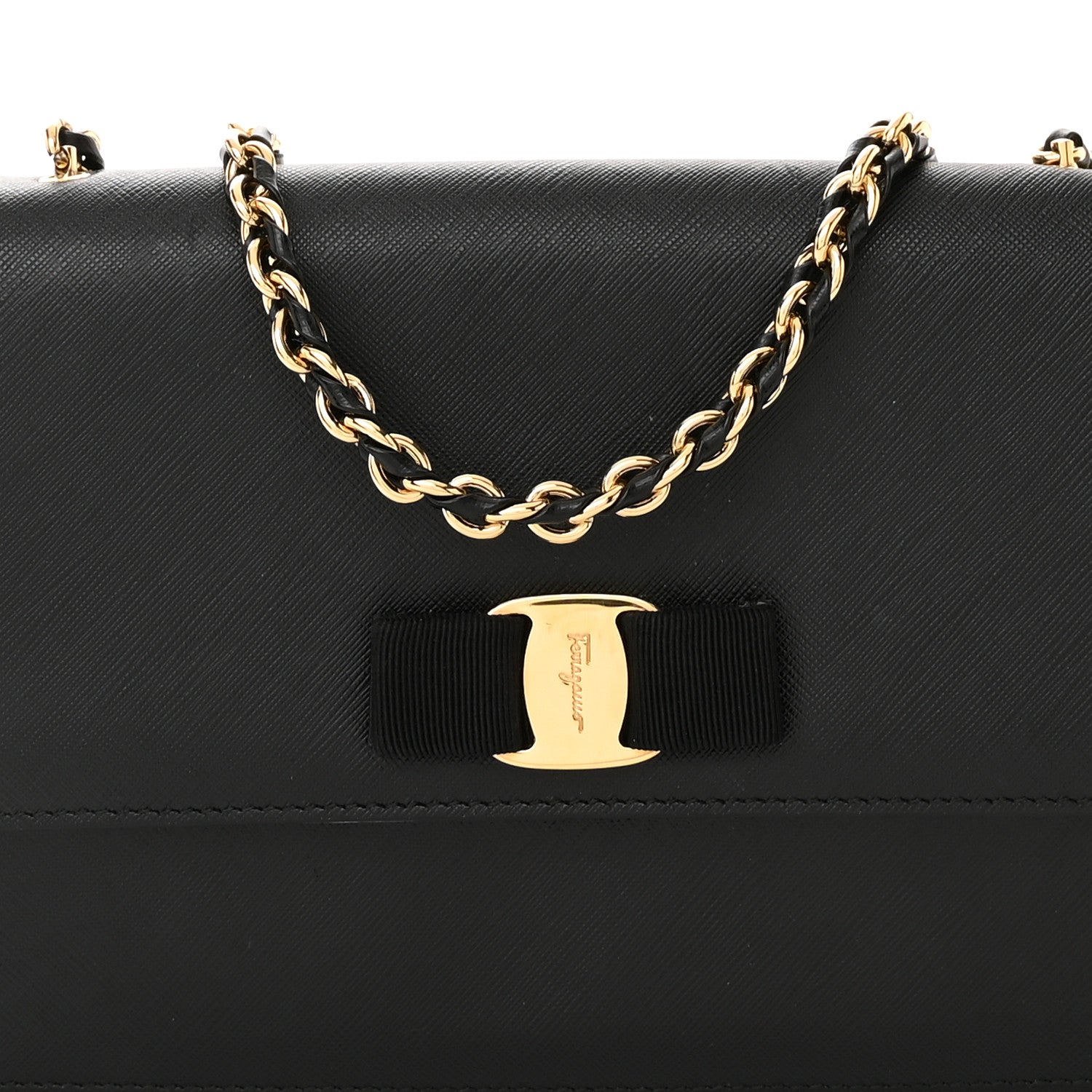 Salvatore Ferragamo Printed Calfskin Vara Bow Chain Flap Crossbody Black 8 of 14