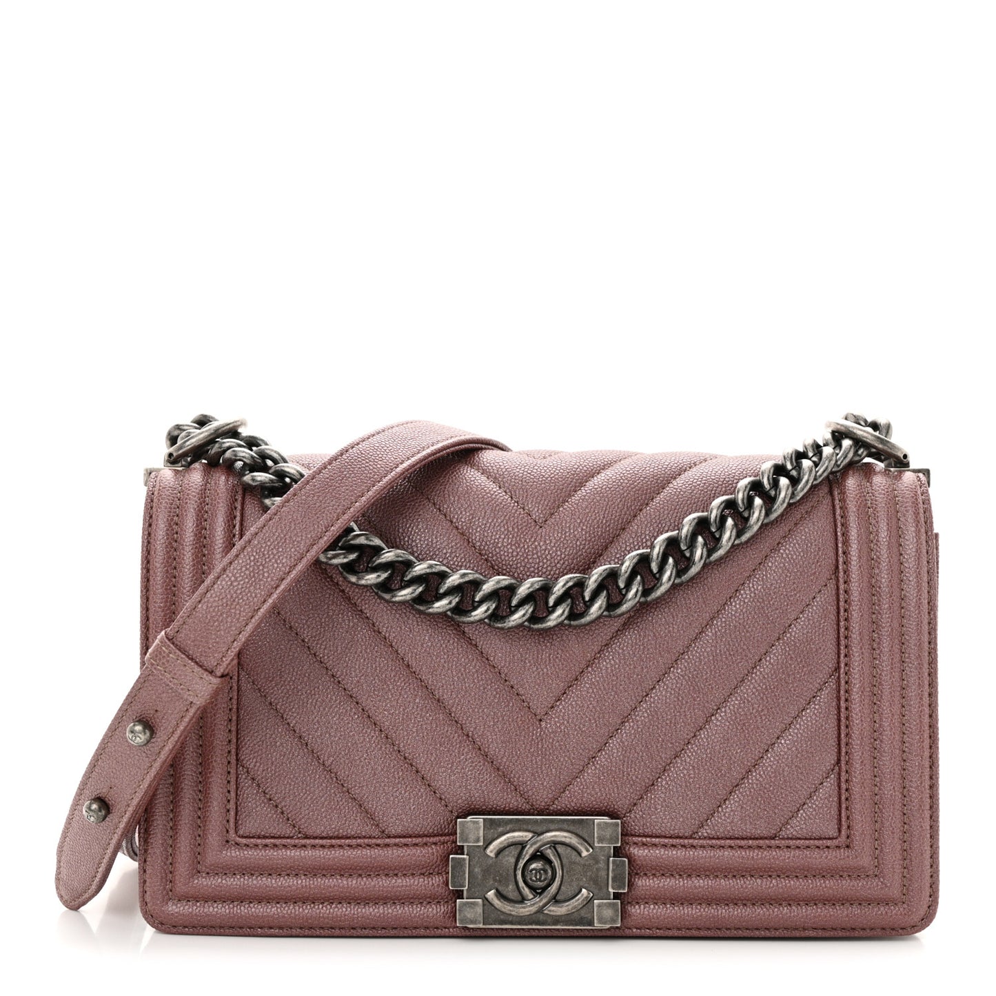 Metallic Caviar Chevron Quilted Medium Boy Flap Dark Pink