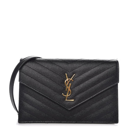 Saint Laurent Grain De Poudre Matelasse Chevron Monogram Envelope Chain Wallet Black 1 of 9