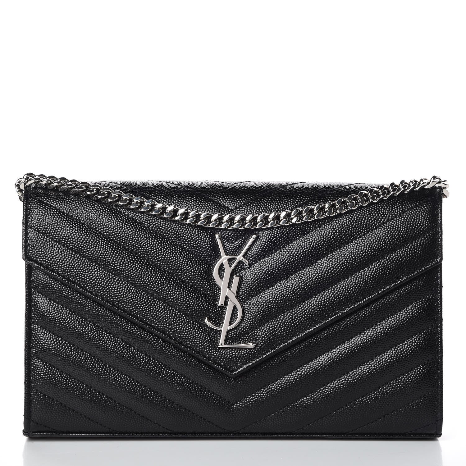 Saint Laurent Grain De Poudre Matelasse Chevron Monogram Chain Wallet Black 1 of 7