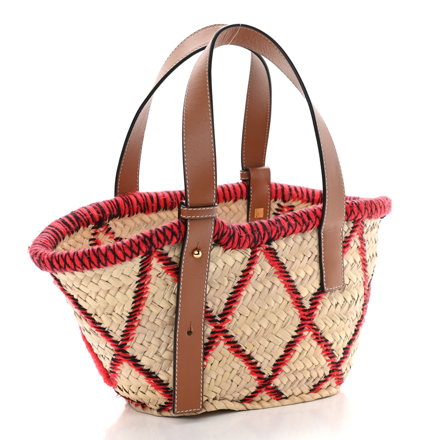 Loewe Embroidered Raffia Basket Tote Bag Natural Tan Red 3 of 12