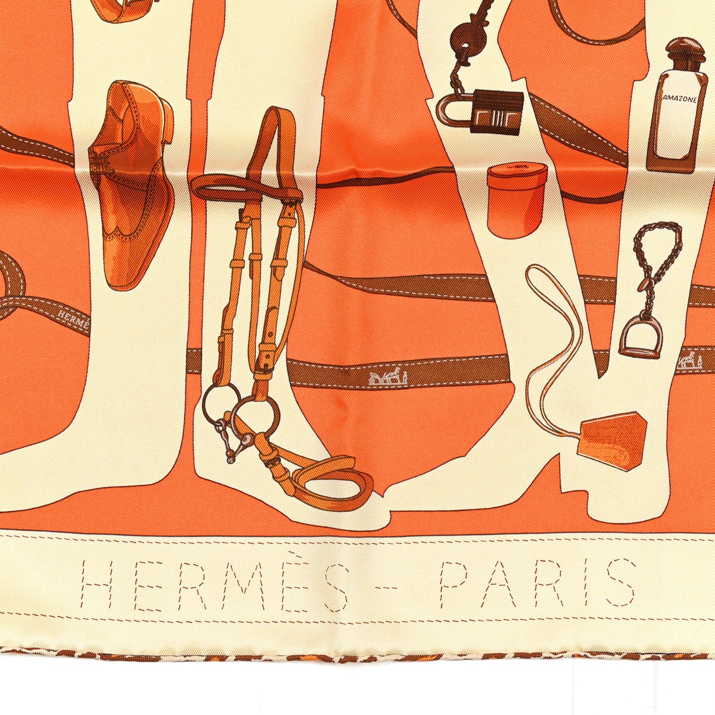 Vintage Silk Monsieur Et Madame Scarf 70 Creme Orange Marron