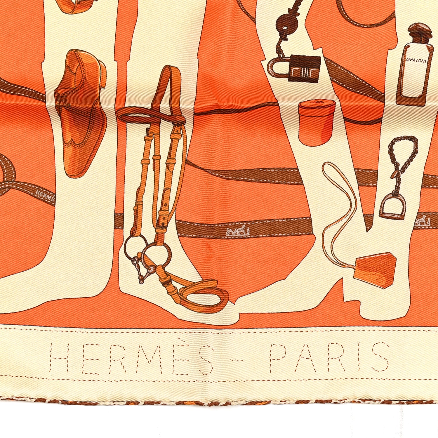 Hermes Vintage Silk Monsieur Et Madame Scarf 70 Creme Orange Marron 2 of 7