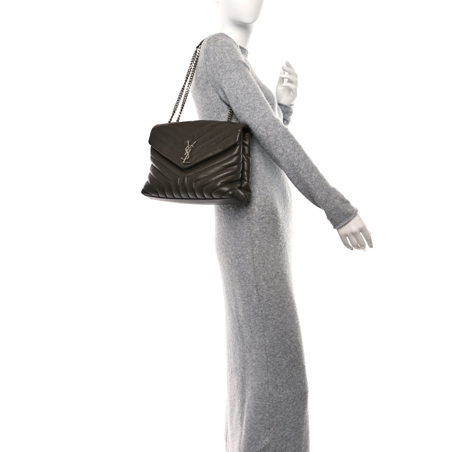 Calfskin Y Quilted Monogram Medium Loulou Chain Satchel Khaki Fonce